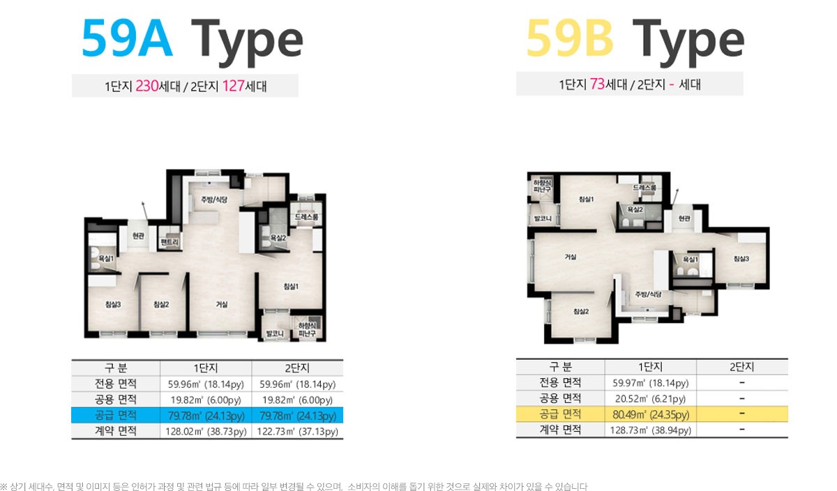 파주 운정역 서희스타힐스 평면도 - 59A·59B 타입